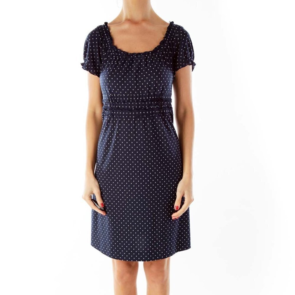 BCBG MaxAzria Navy White Scrunched Polka-Dot Day Dress